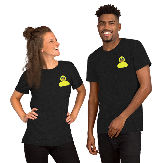 Woman and man wearing Classic yellow rubber duck BMORE DUCKS! logo on black heather t-shirts