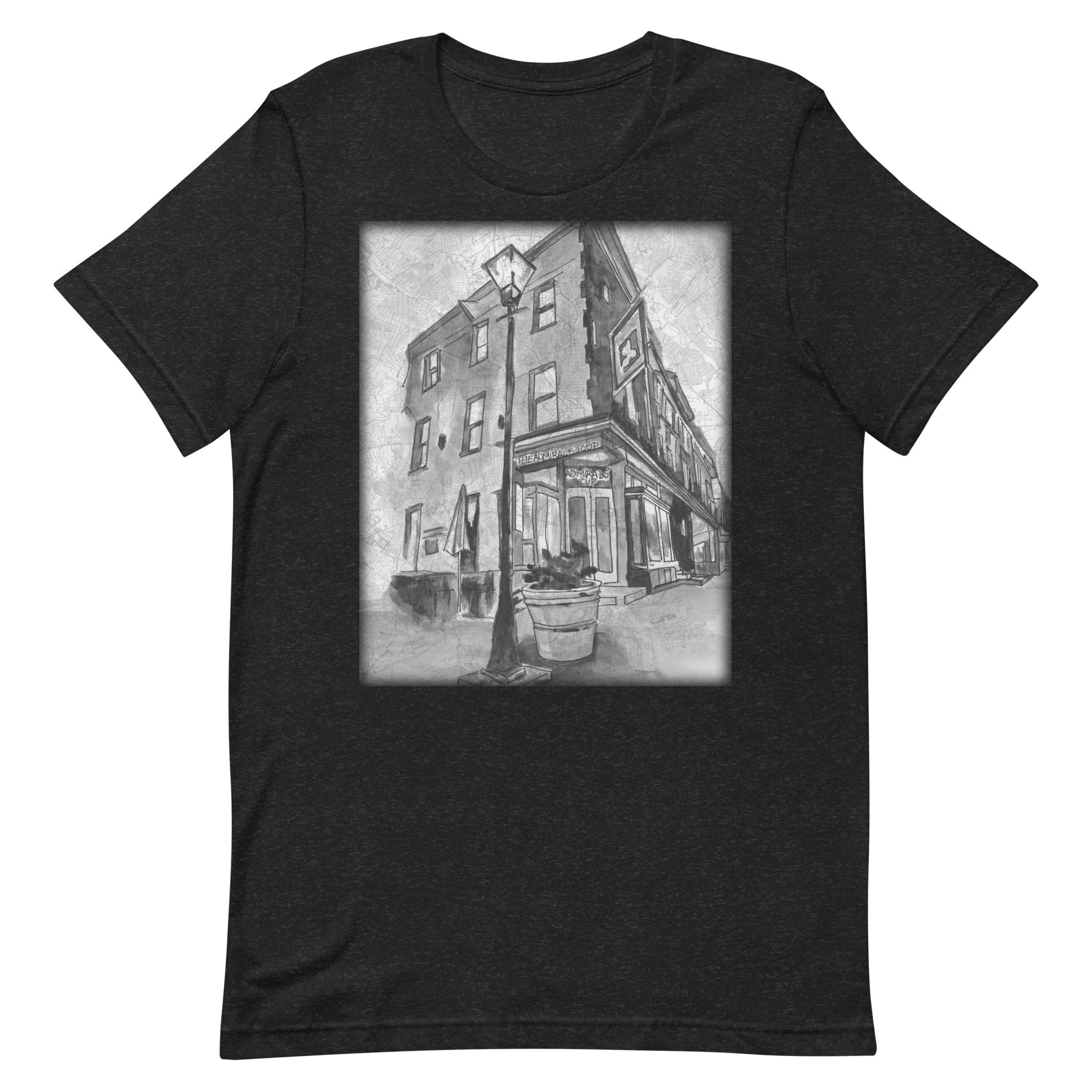 A Picture of the front of a black heather t-shirt with an image of Baltimore's Admiral's Cup bar painted in watercolor on a map of the city