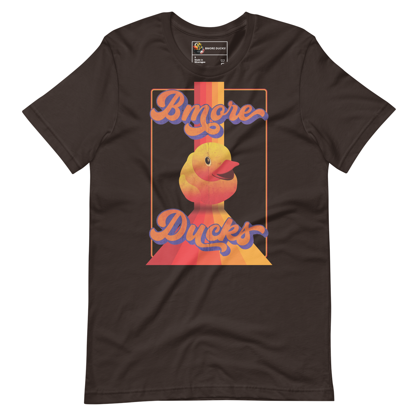 brown colored t-shirt with a vintage design that says "Bmore Ducks" and features a yellow rubber duck