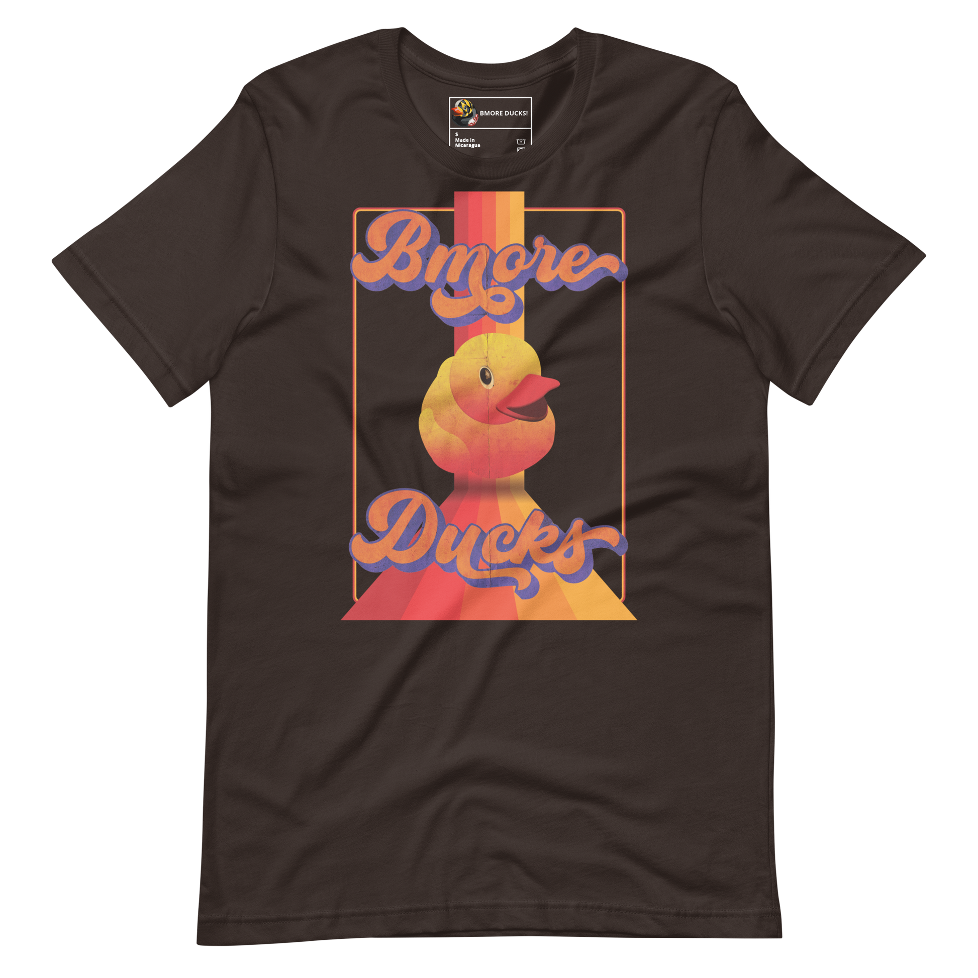 brown colored t-shirt with a vintage design that says "Bmore Ducks" and features a yellow rubber duck