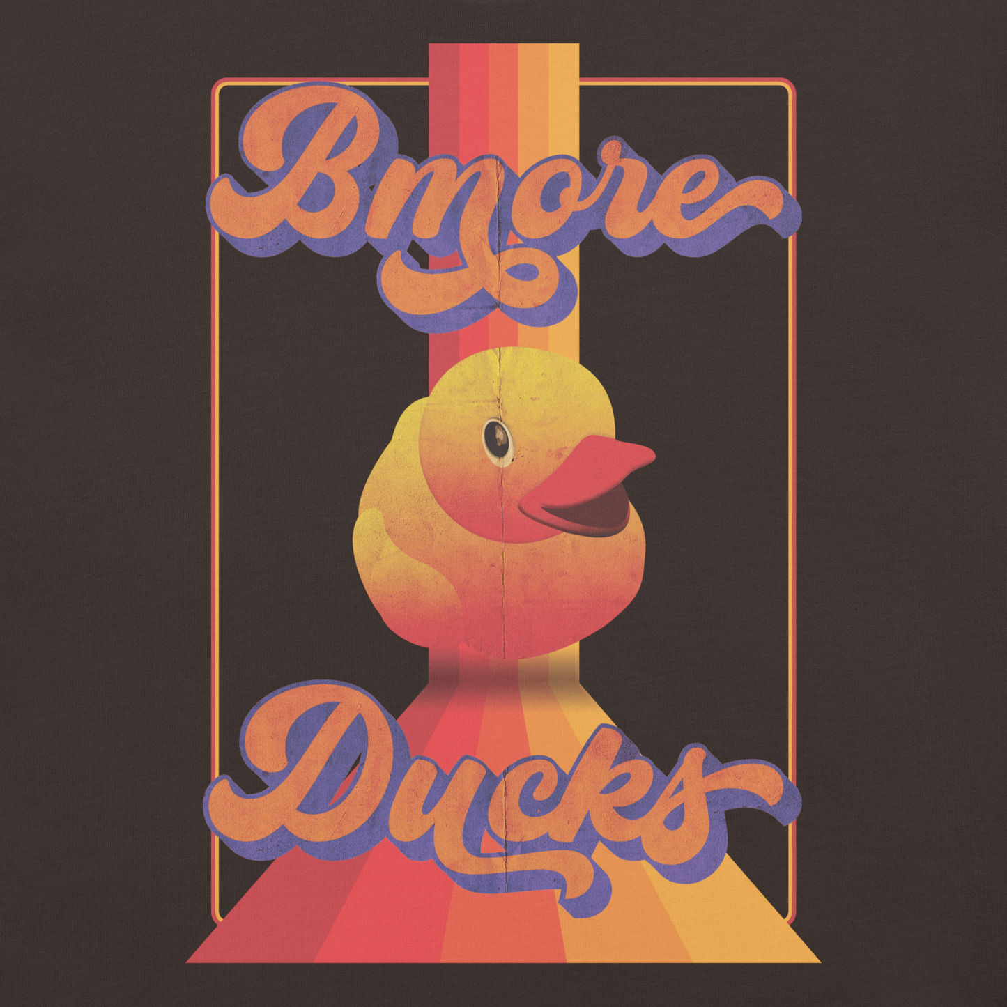 brown colored t-shirt with a vintage design that says "Bmore Ducks" and features a yellow rubber duck