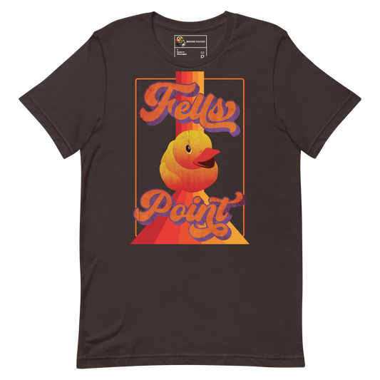 brown colored t-shirt with a vintage design that says "Fells Point" and features a yellow rubber duck