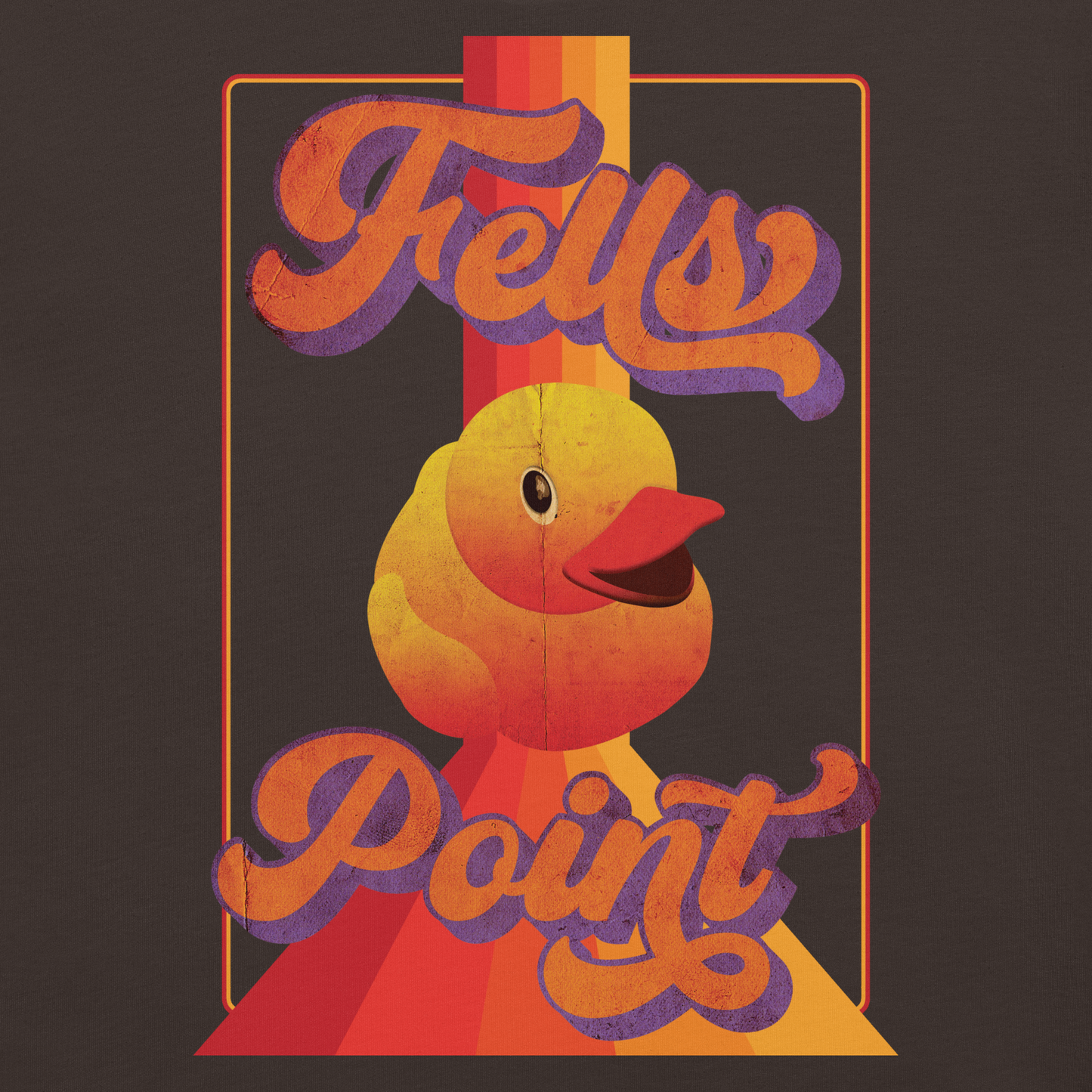 brown colored t-shirt with a vintage design that says "Fells Point" and features a yellow rubber duck