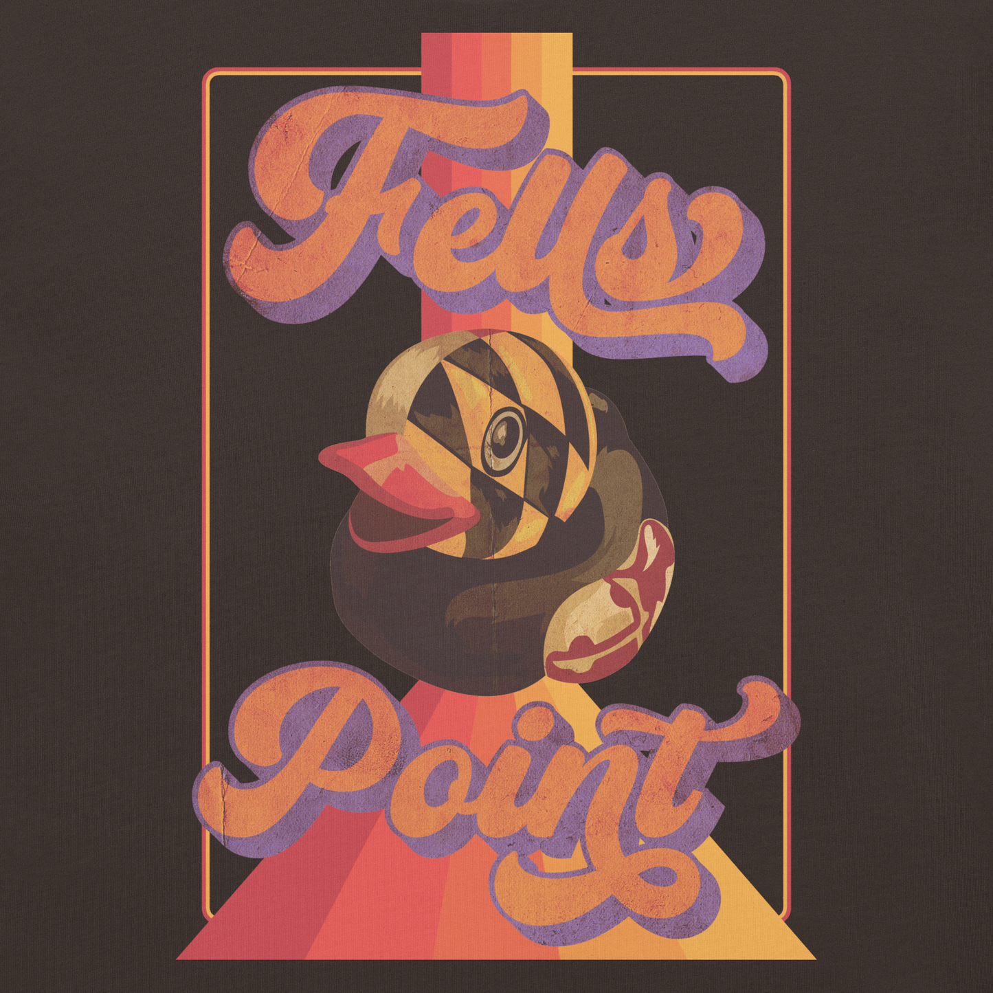 brown colored t-shirt with a vintage design that says "Fells Point" and features a Maryland Flag rubber duck