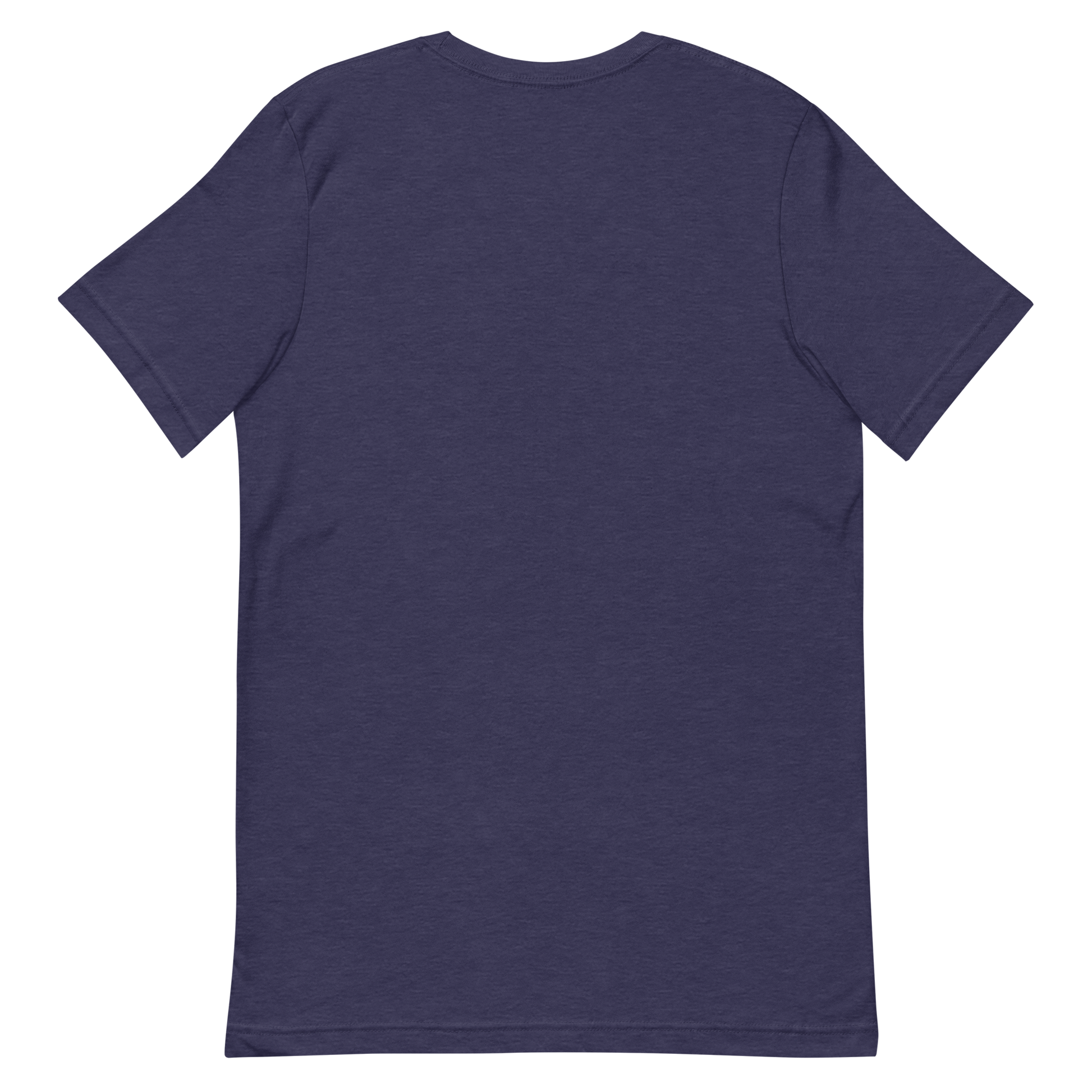 back of a heather navy blue colored t-shirt