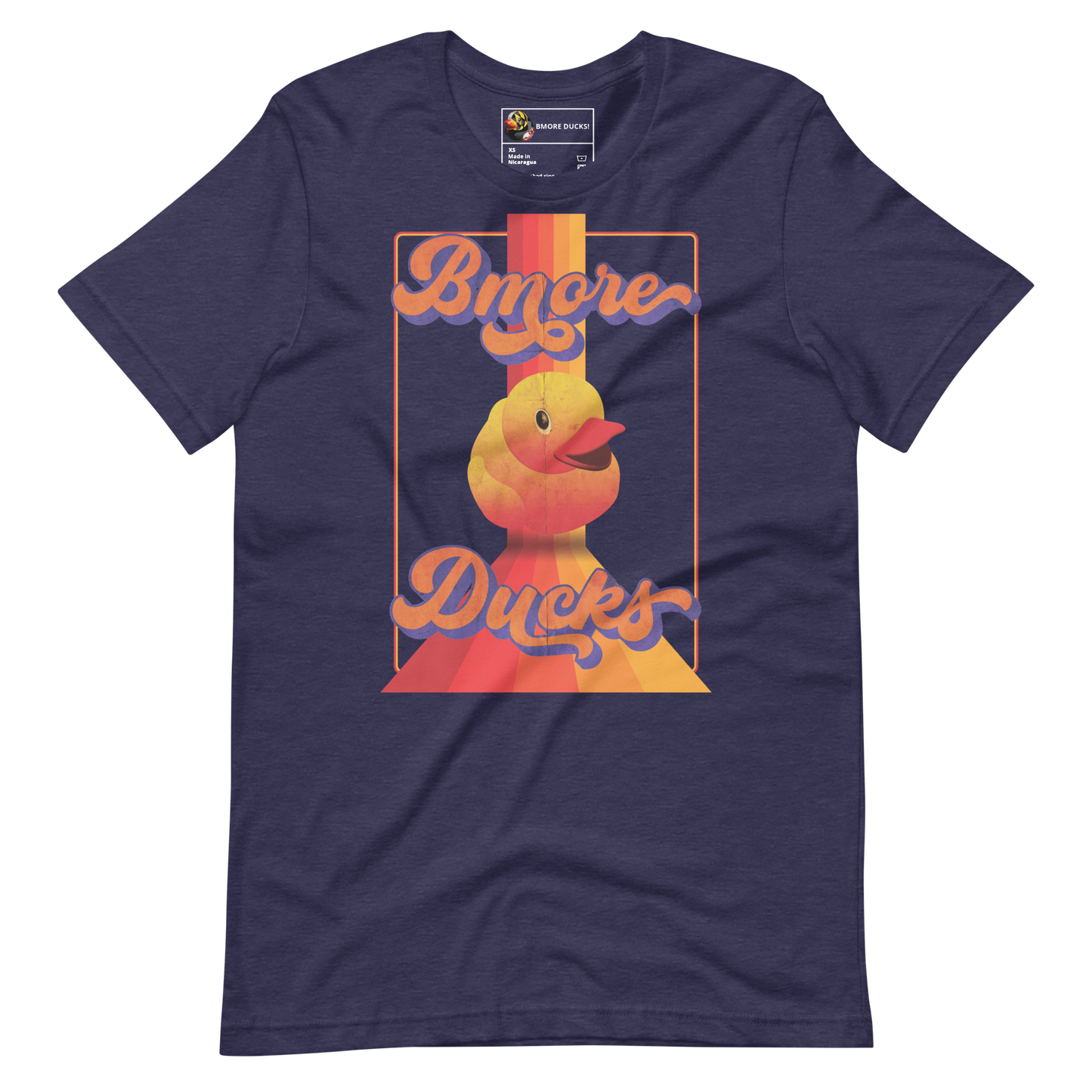 heather navy blue colored t-shirt with a vintage design that says "Bmore Ducks" and features a yellow rubber duck