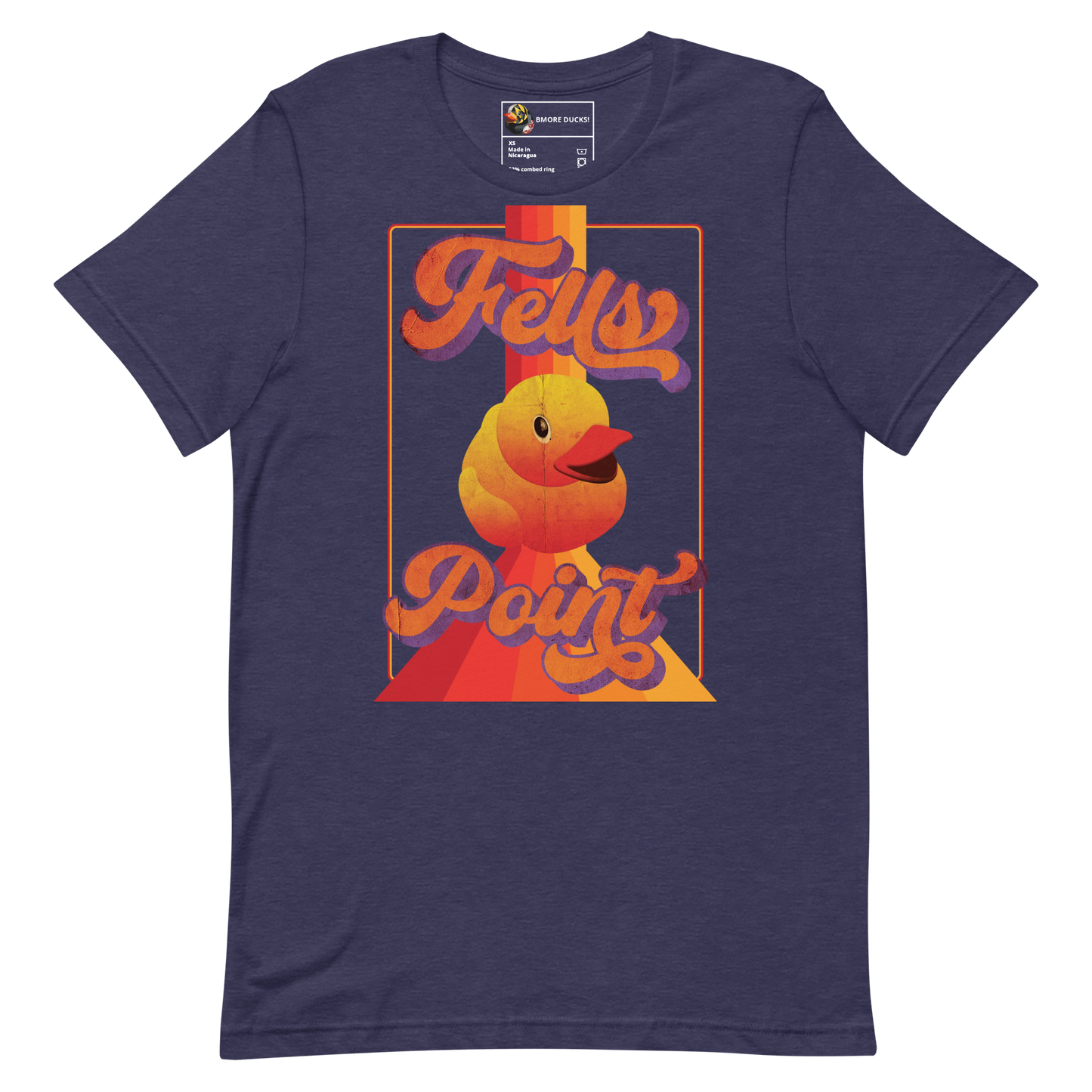 heather navy blue colored t-shirt with a vintage design that says "Fells Point" and features a yellow rubber duck