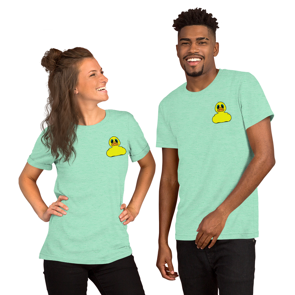 Woman and man wearing Classic yellow rubber duck BMORE DUCKS! logo on heather mint t-shirts