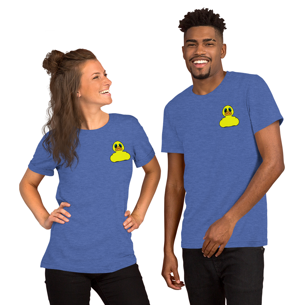 Woman and man wearing Classic yellow rubber duck BMORE DUCKS! logo on heather blue t-shirts