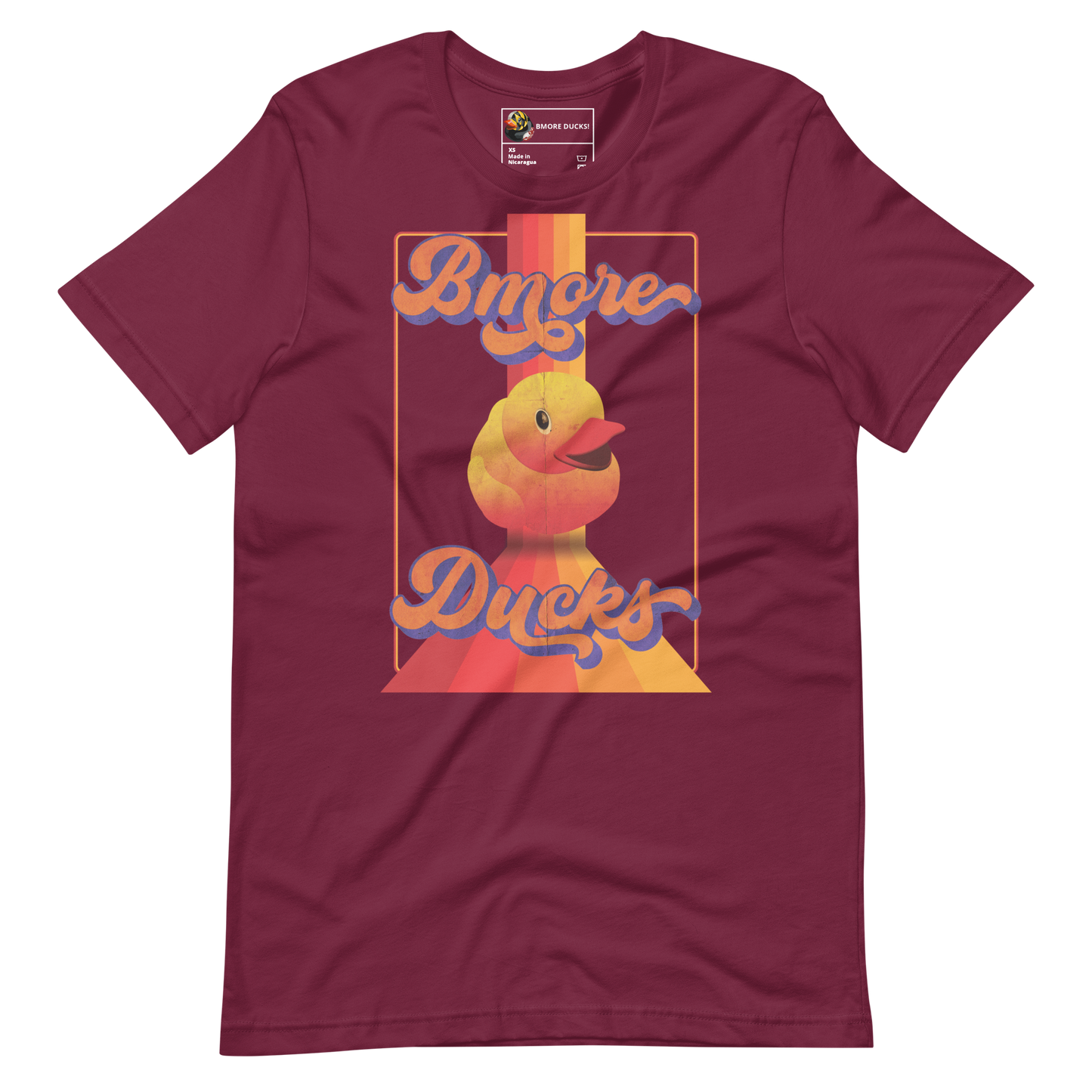 maroon colored t-shirt with a vintage design that says "Bmore Ducks" and features a yellow rubber duck