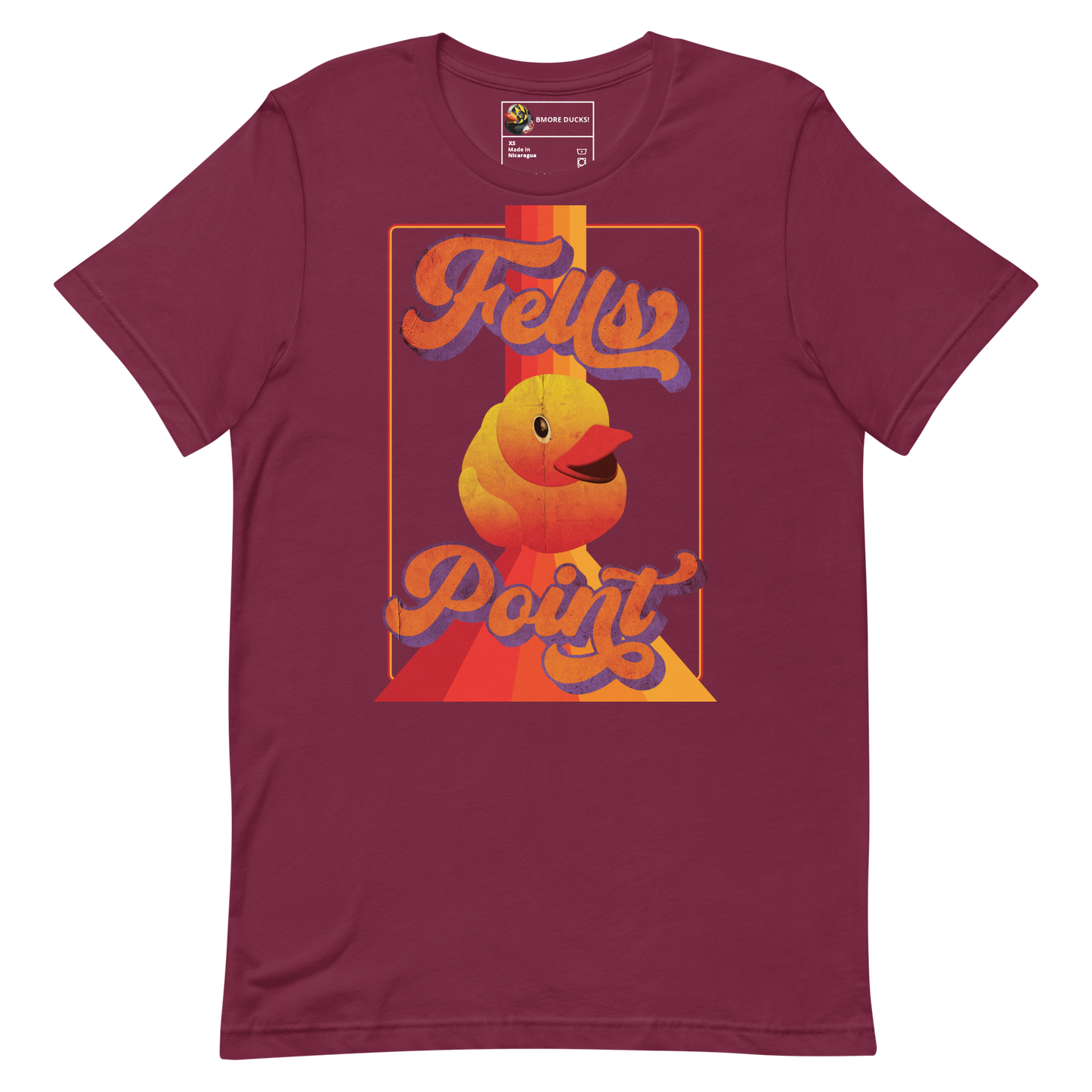 maroon colored t-shirt with a vintage design that says "Fells Point" and features a yellow rubber duck