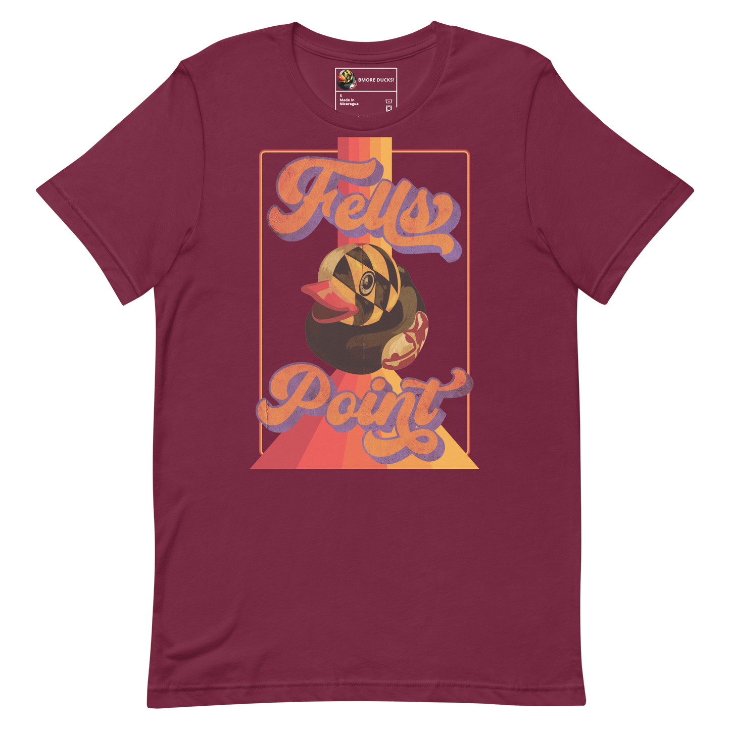 maroon colored t-shirt with a vintage design that says "Fells Point" and features a Maryland Flag rubber duck