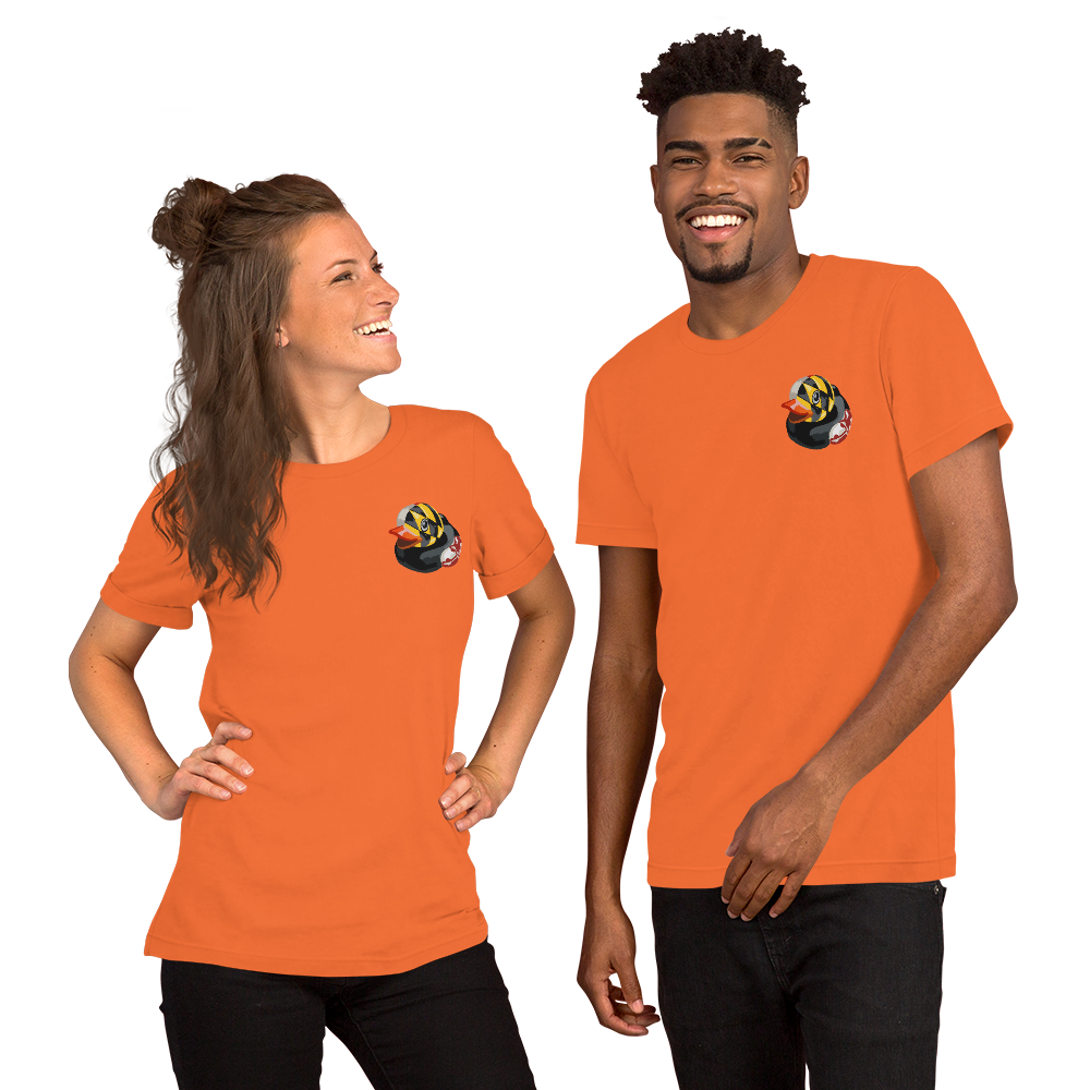 Woman and man wearing Maryland BMORE DUCKS! logo on orange  t-shirts