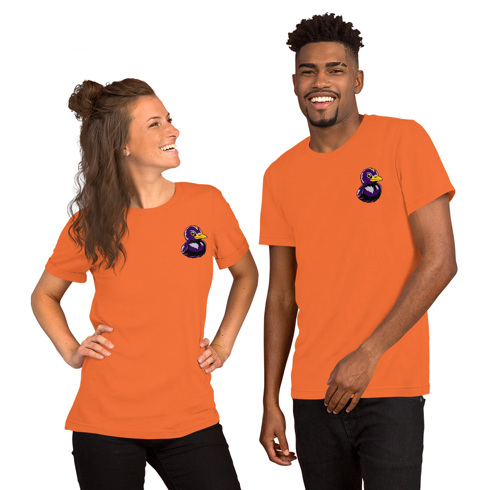 Woman and man wearing Football Fan BMORE DUCKS! logo on orange t-shirts