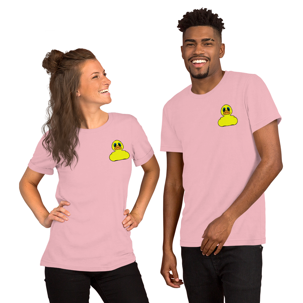 Woman and man wearing Classic yellow rubber duck BMORE DUCKS! logo on pink t-shirts