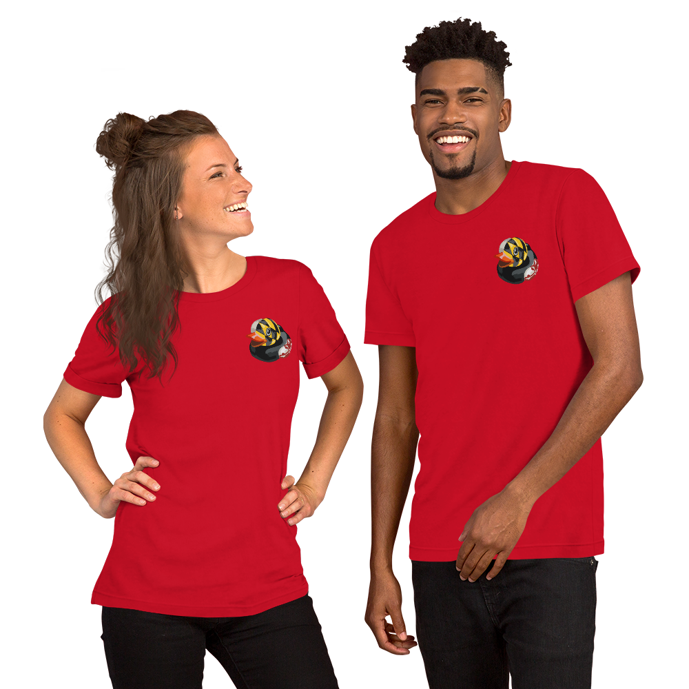 Woman and man wearing Maryland BMORE DUCKS! logo on red  t-shirts