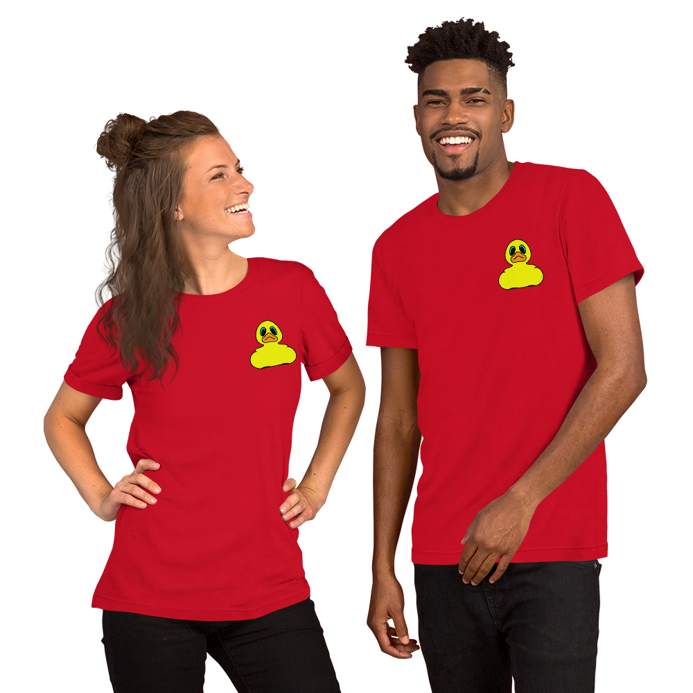 Woman and man wearing Classic yellow rubber duck BMORE DUCKS! logo on red t-shirts