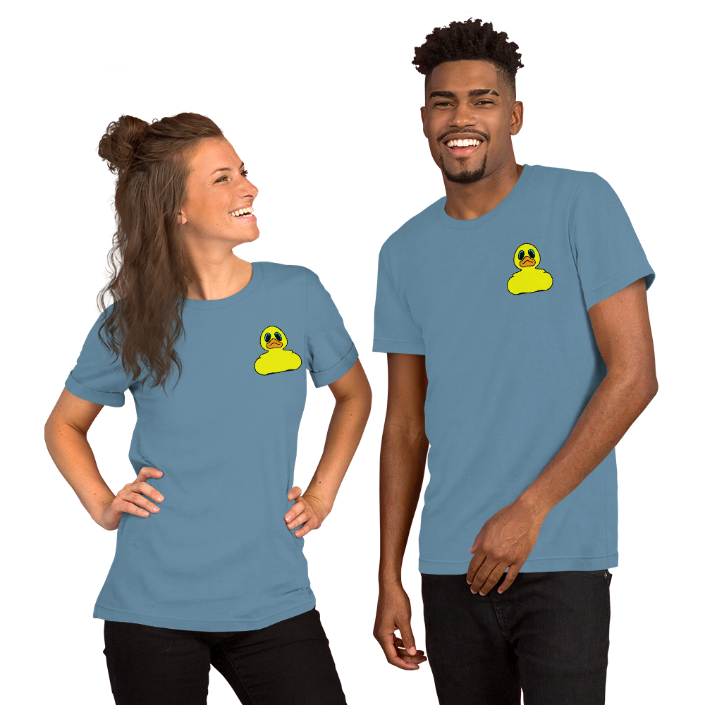 Woman and man wearing Classic yellow rubber duck BMORE DUCKS! logo on steel blue t-shirts