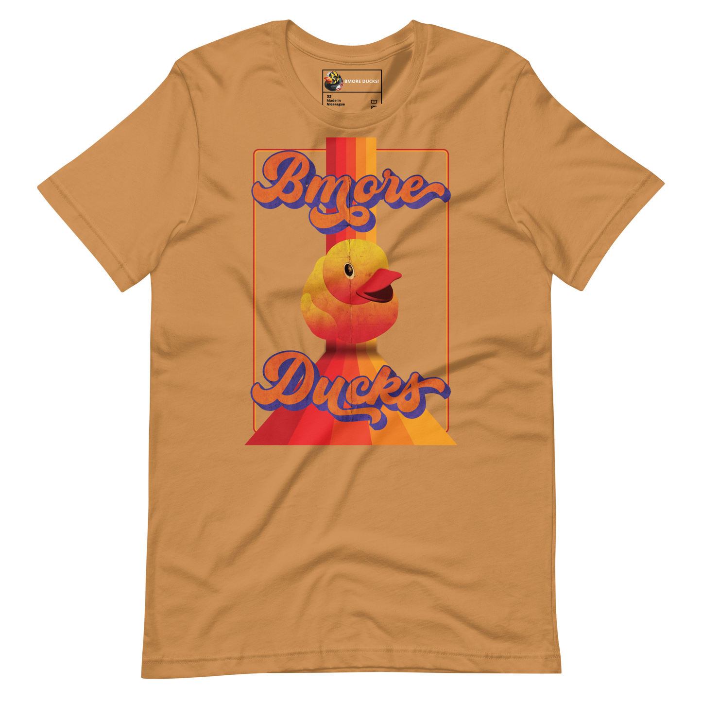 toast colored t-shirt with a vintage design that says "Bmore Ducks" and features a yellow rubber duck