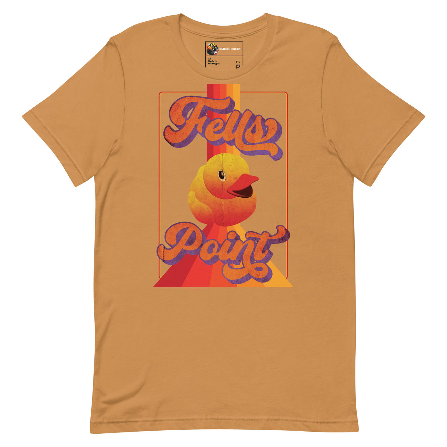 toast colored t-shirt with a vintage design that says "Fells Point" and features a yellow rubber duck