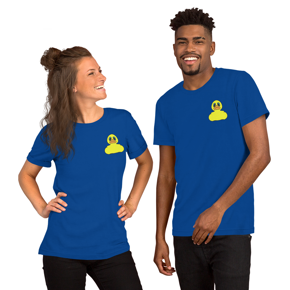 Woman and man wearing Classic yellow rubber duck BMORE DUCKS! logo on royal blue t-shirts