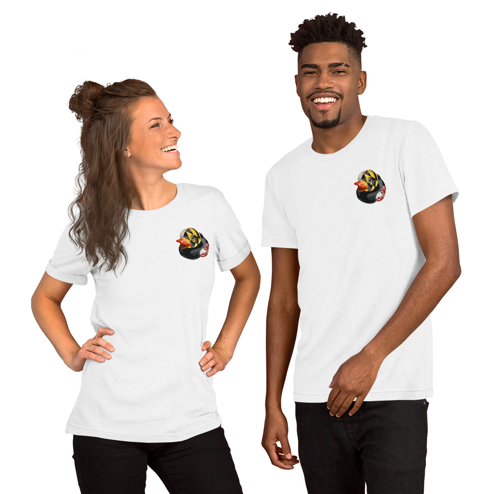 Woman and man wearing Maryland BMORE DUCKS! logo on white t-shirts