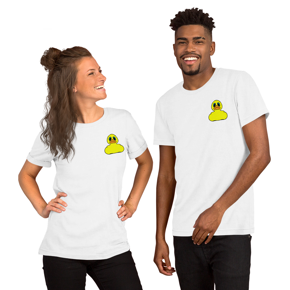 Woman and man wearing Classic yellow rubber duck BMORE DUCKS! logo on white t-shirts