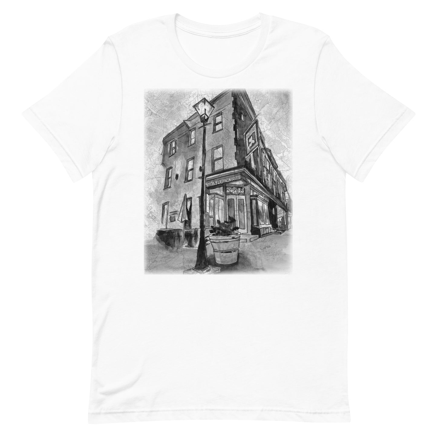 A Picture of the front of a white t-shirt with an image of Baltimore's Admiral's Cup bar painted in watercolor on a map of the city