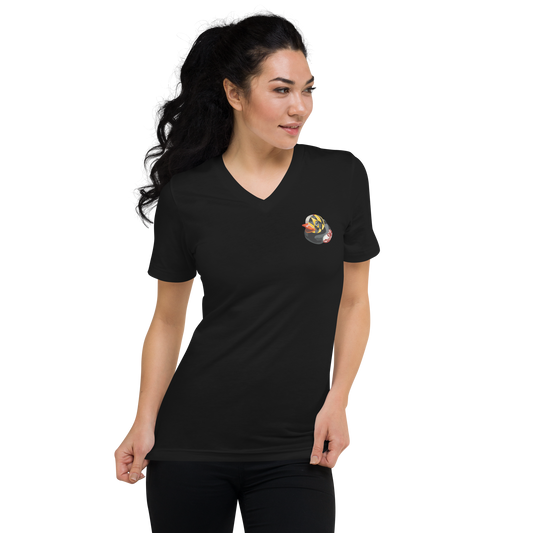 woman wearing black v neck t shirt with Maryland BMORE DUCKS! logo on left chest