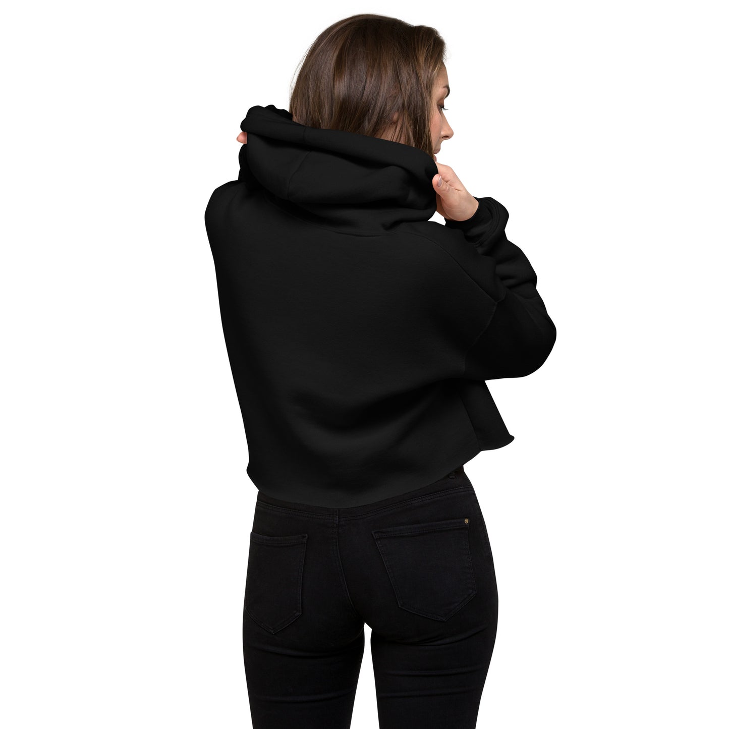 back of woman wearing black cropped hoodie sweatshirt