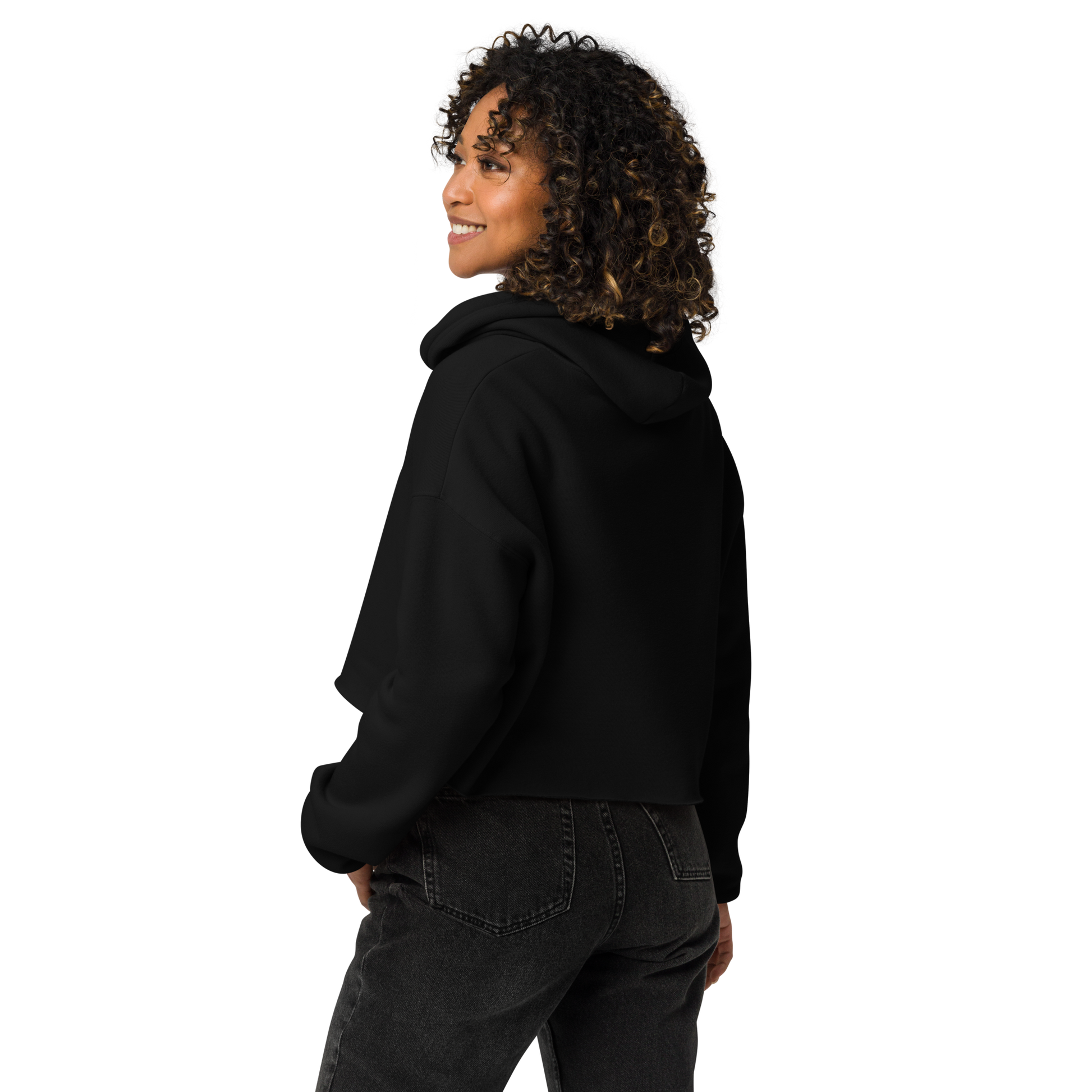 back view of a woman wearing a black cropped hoodie with yellow rubber duck logo on center chest