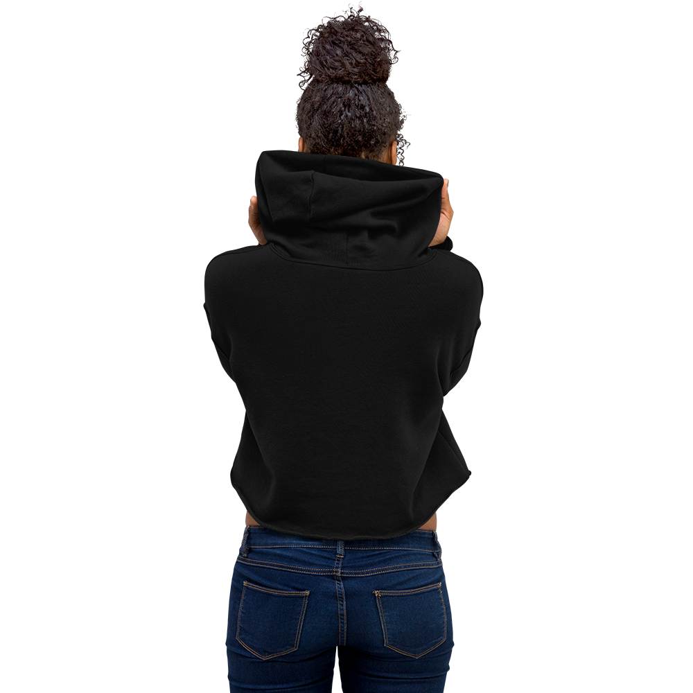 back of woman wearing black cropped hoodie