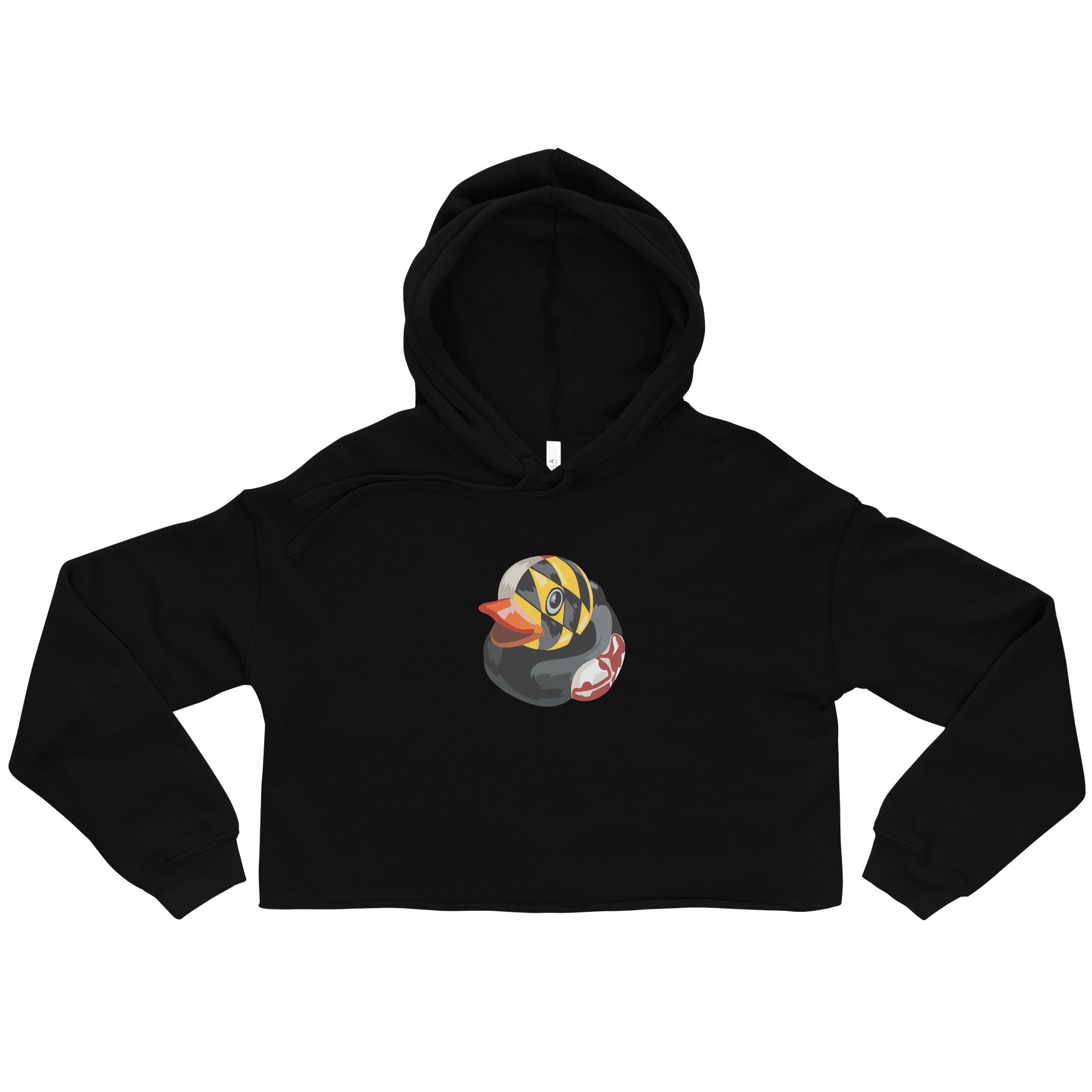 Black cropped hoodie with BMORE DUCKS! logo of rubber duck with Maryland flag overlay