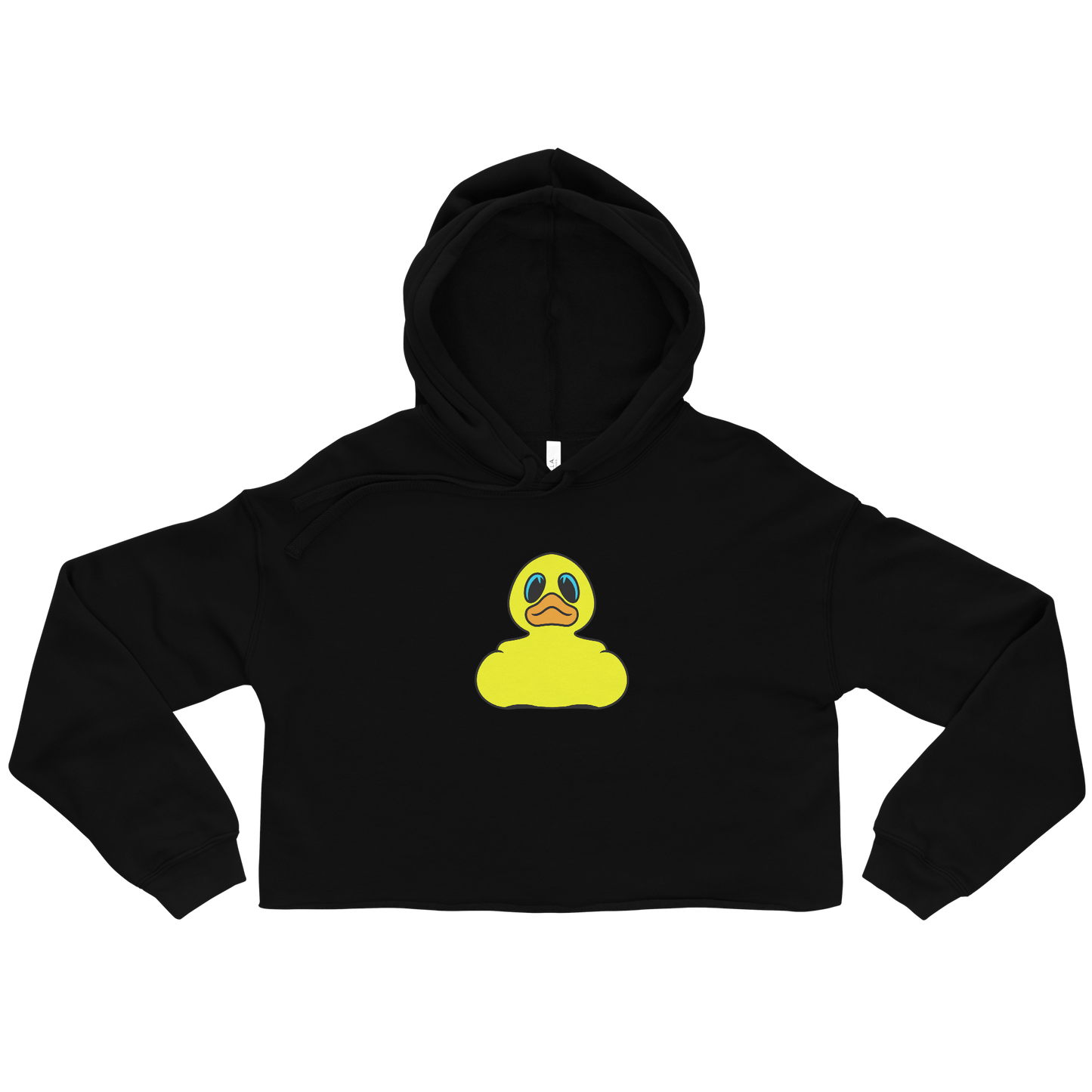 front of black cropped hoodie with yellow rubber duck logo on center chest