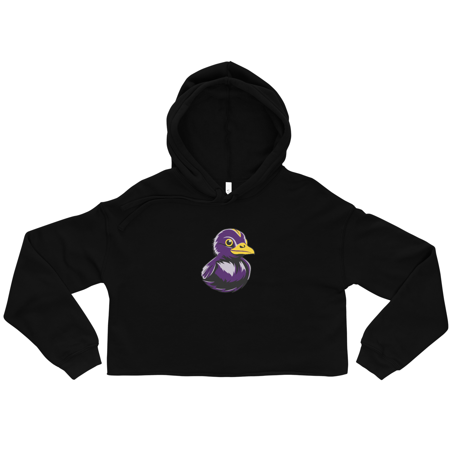 front of black womens cropped hoodie with black and purple rubber duck on chest