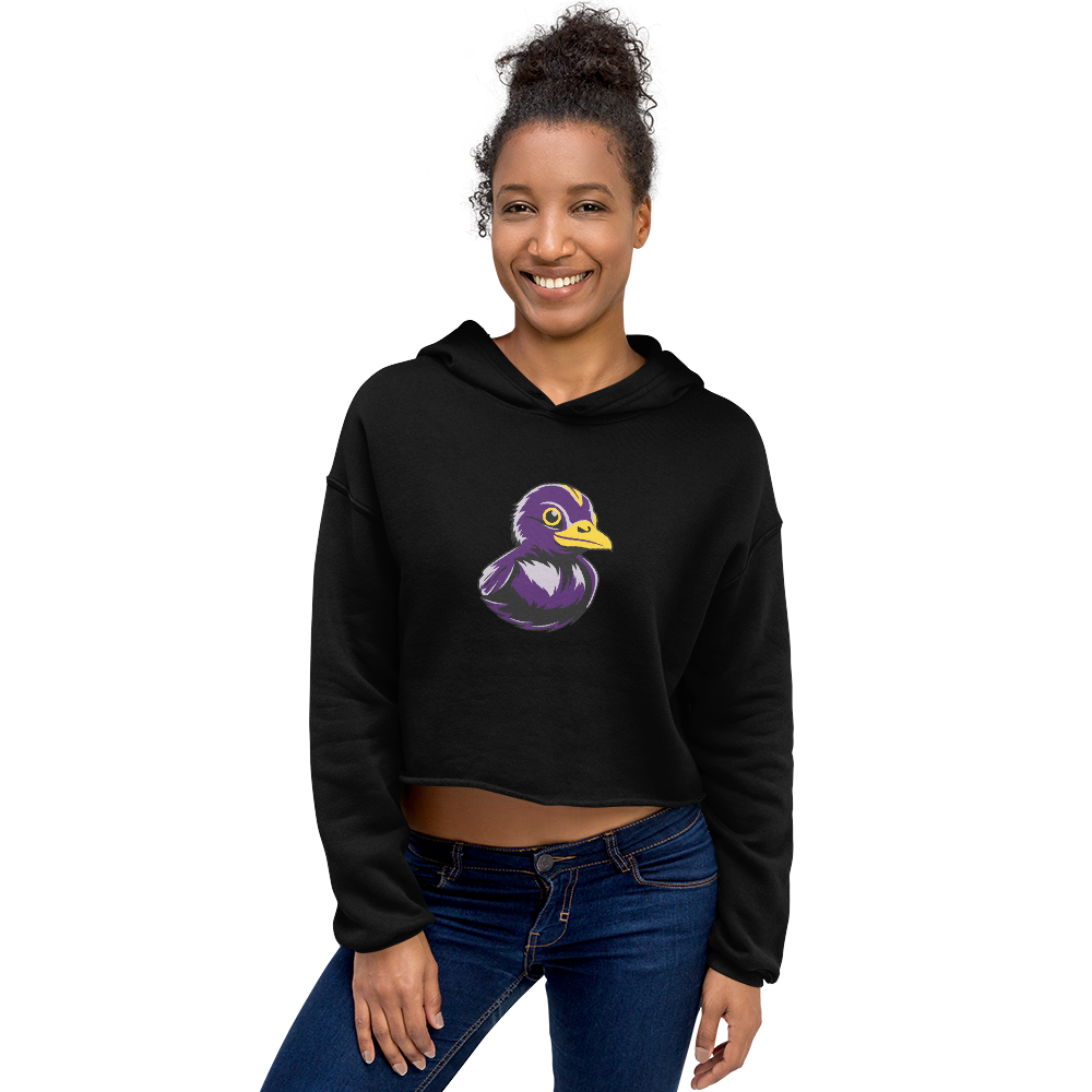 woman wearing  black womens cropped hoodie with black and purple rubber duck on chest