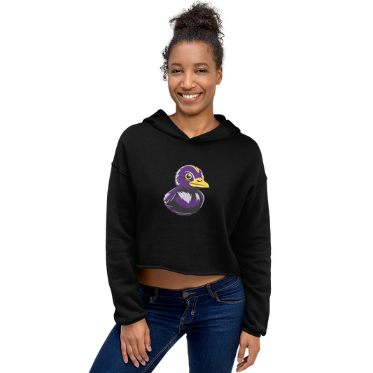 woman wearing  black womens cropped hoodie with black and purple rubber duck on chest