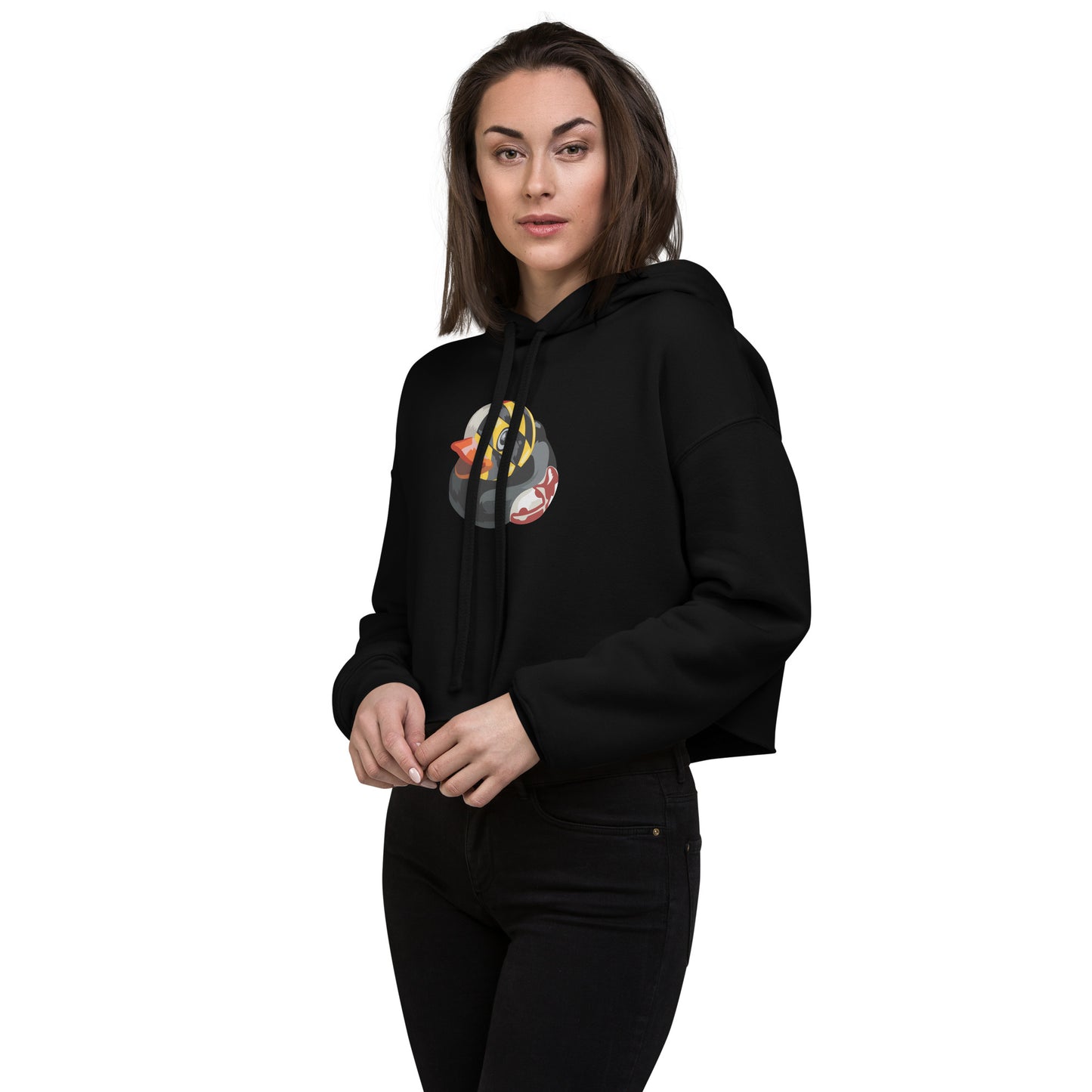 woman wearing black cropped hoodie with BMORE DUCKS! logo of rubber duck with Maryland flag overlay