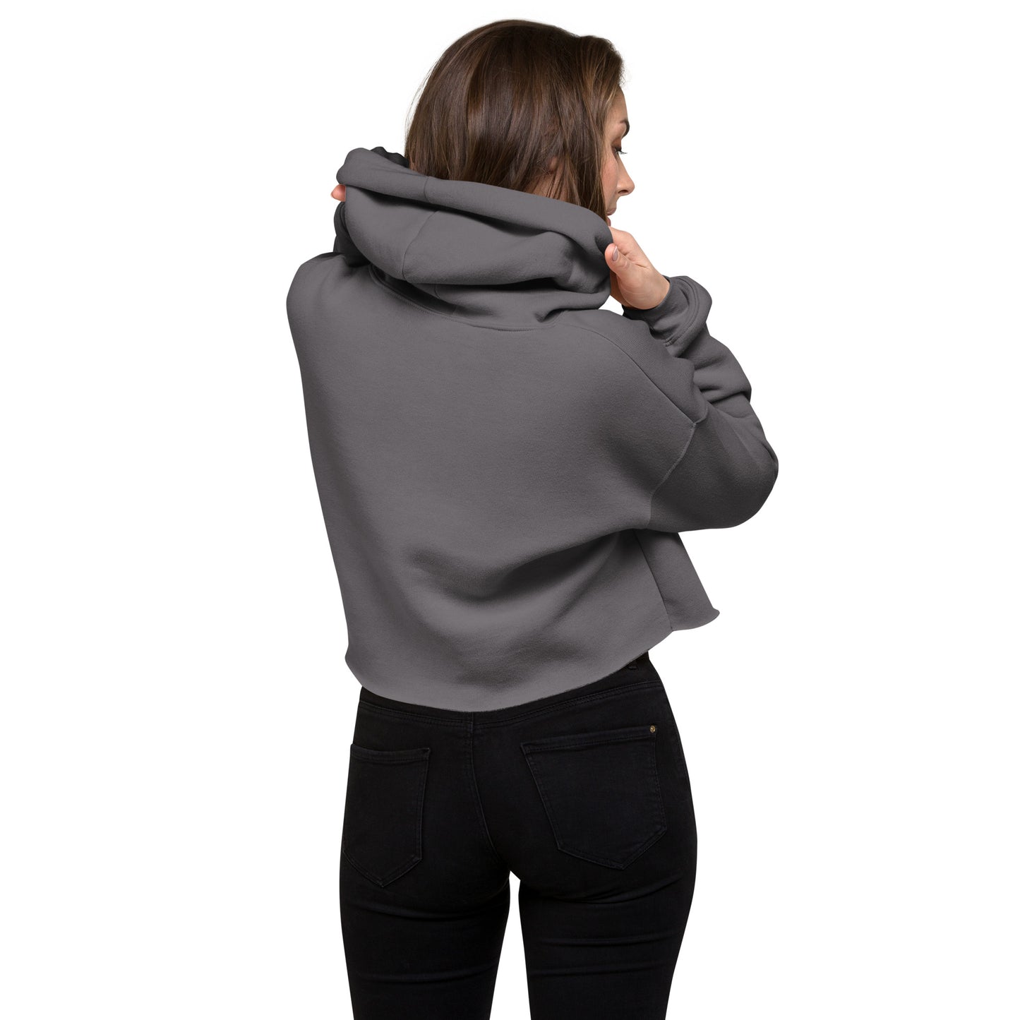 back of woman wearing gray cropped hoodie sweatshirt