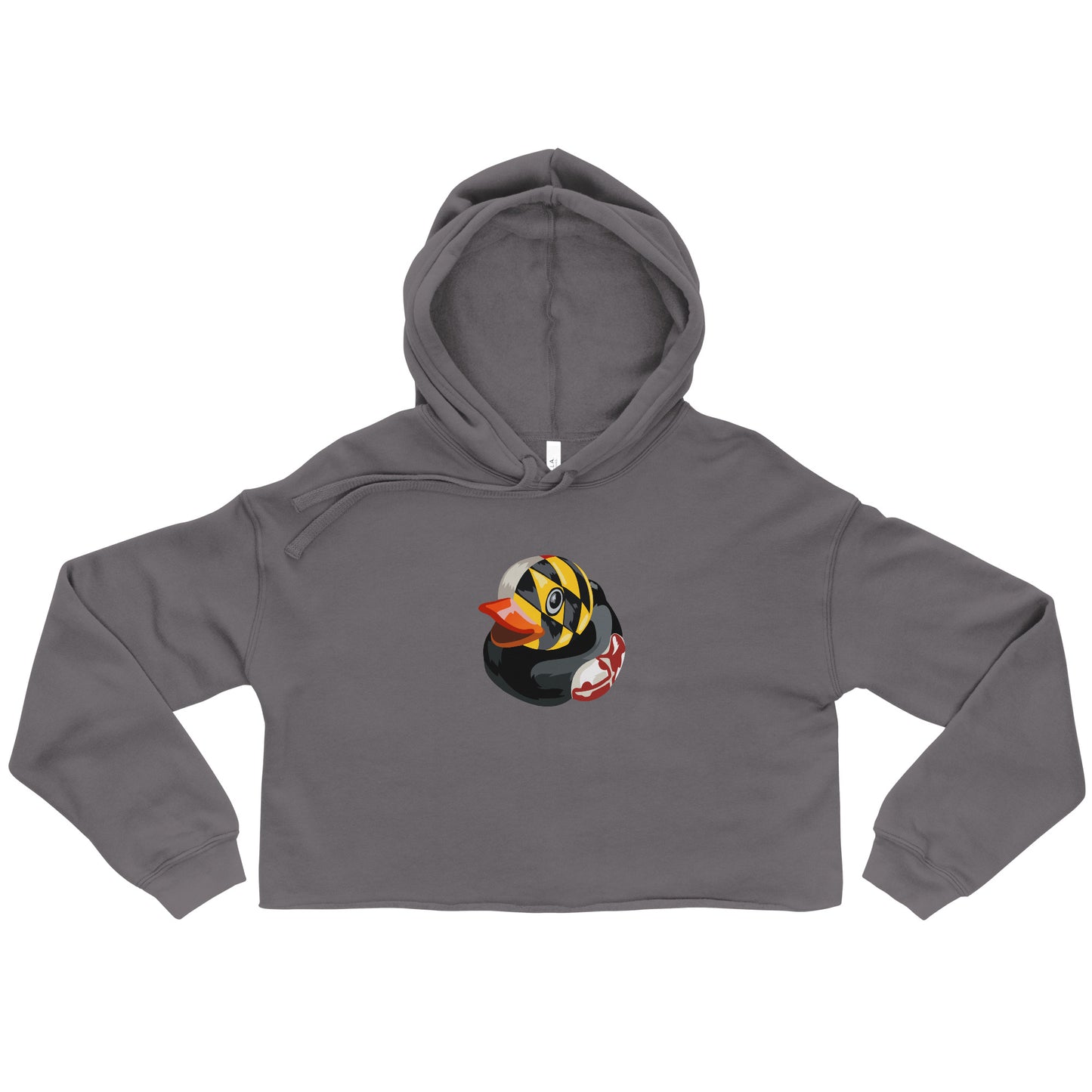 front of gray cropped hoodie with logo of a rubber duck decorated in the Maryland flag