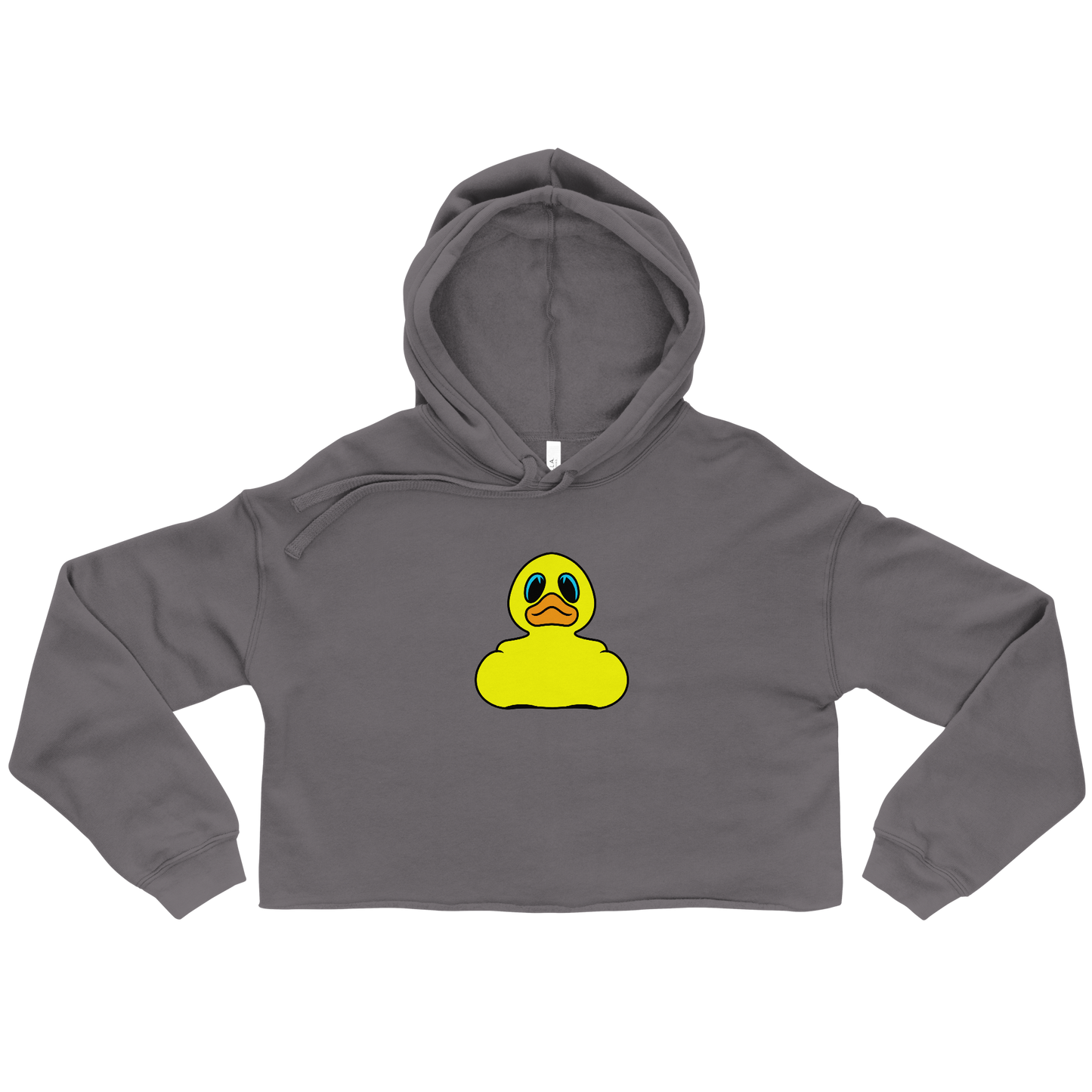 gray cropped womans hoodie with yellow rubber duck logo on chest