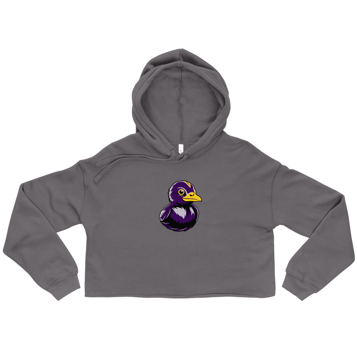 front  of gray womens cropped hoodie with black and purple rubber duck on chest