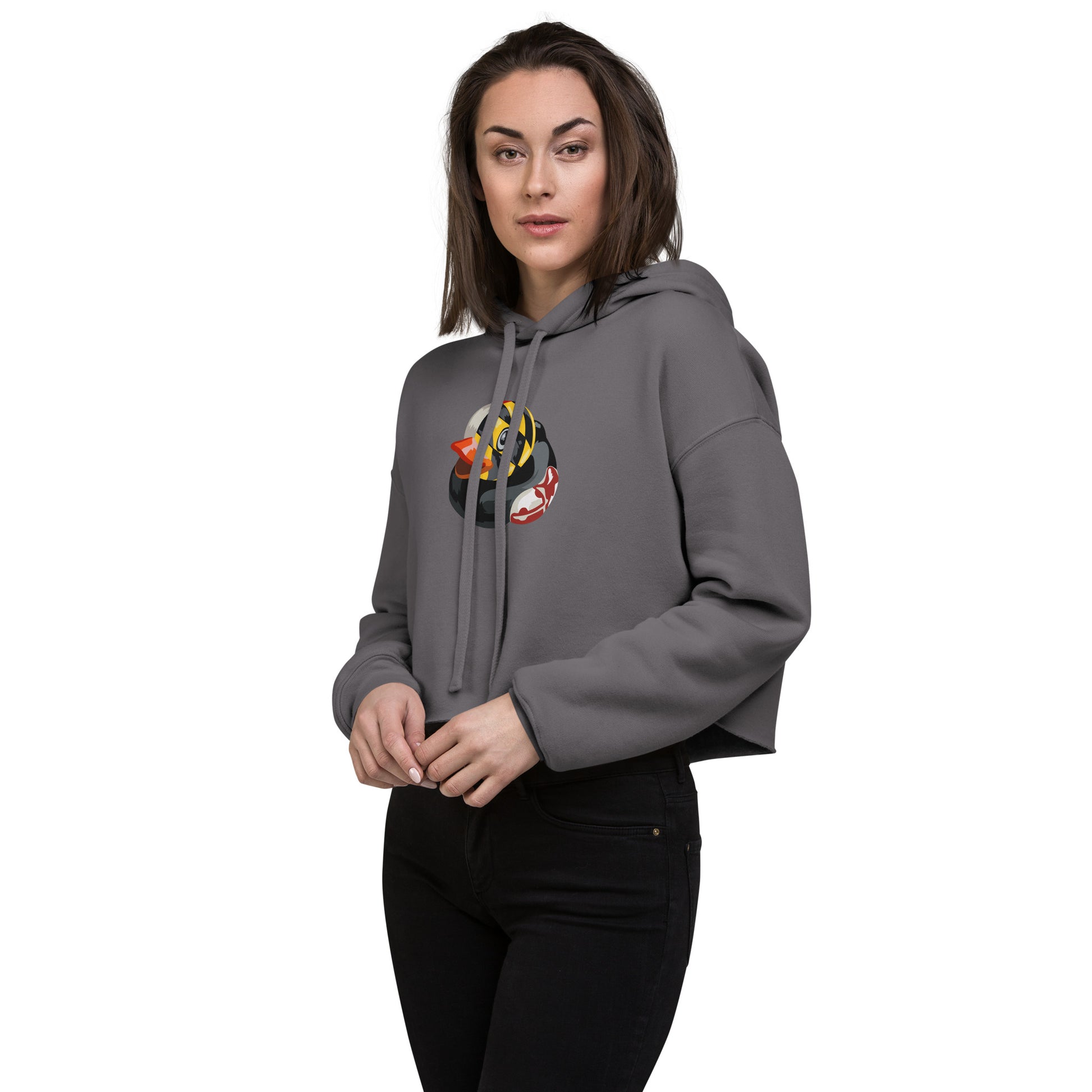 Gray cropped hoodie with BMORE DUCKS! logo of rubber duck with Maryland flag overlay