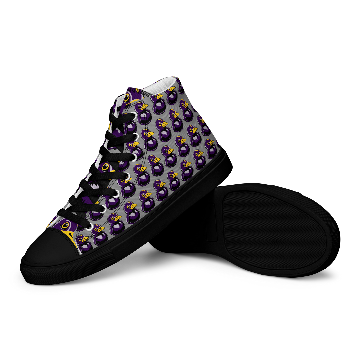 front side view of pair of women's  BMORE DUCKS! football fan high top canvas shoes with black sole