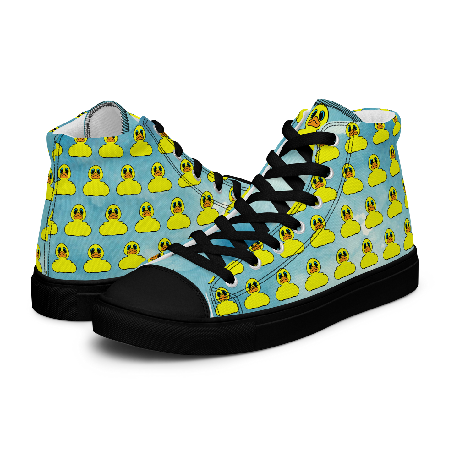 front angled view of women's high top canvas shoes featuring classic BMORE DUCKS! yellow rubber duck logo patterned over clouds with black sole