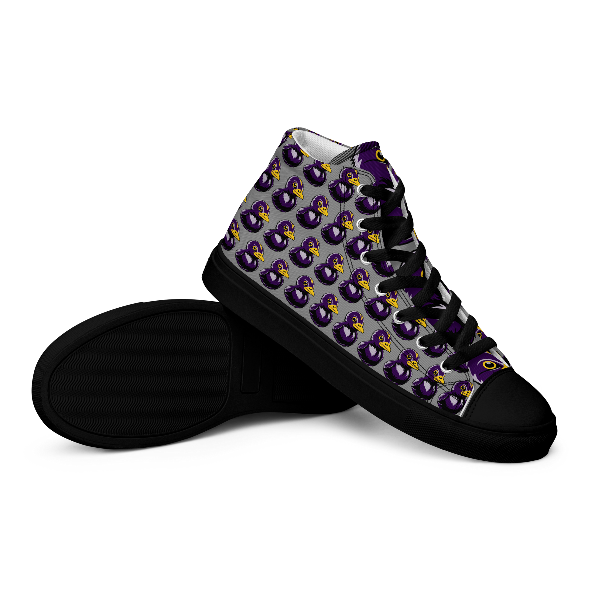 front side view of pair of women's  BMORE DUCKS! football fan high top canvas shoes with black sole