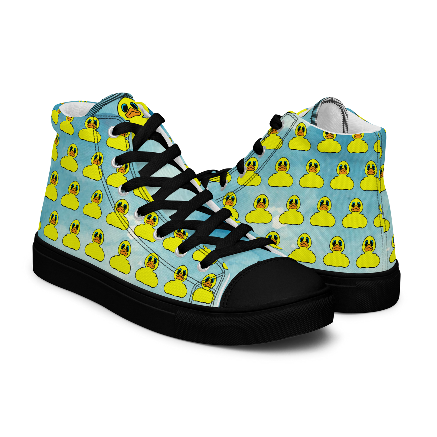 front and rear view of women's high top canvas shoes featuring classic BMORE DUCKS! yellow rubber duck logo patterned over clouds with black sole