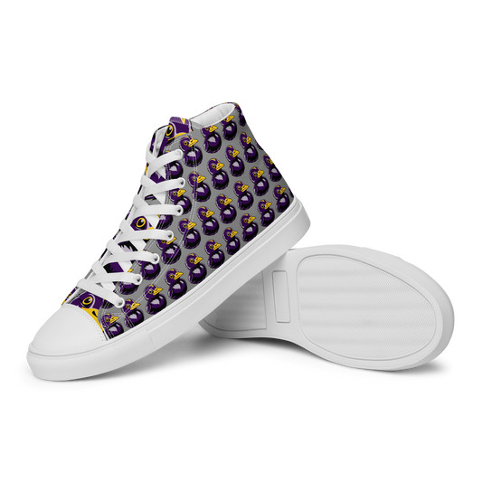 front side view of pair of women's  BMORE DUCKS! football fan high top canvas shoes with white sole