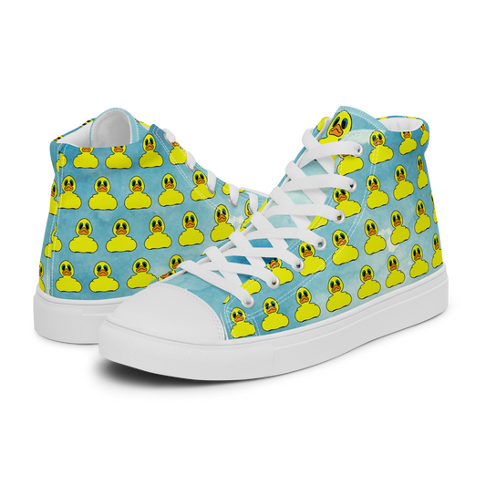 front and rear view of women's high top canvas shoes featuring classic BMORE DUCKS! yellow rubber duck logo patterned over clouds with white sole