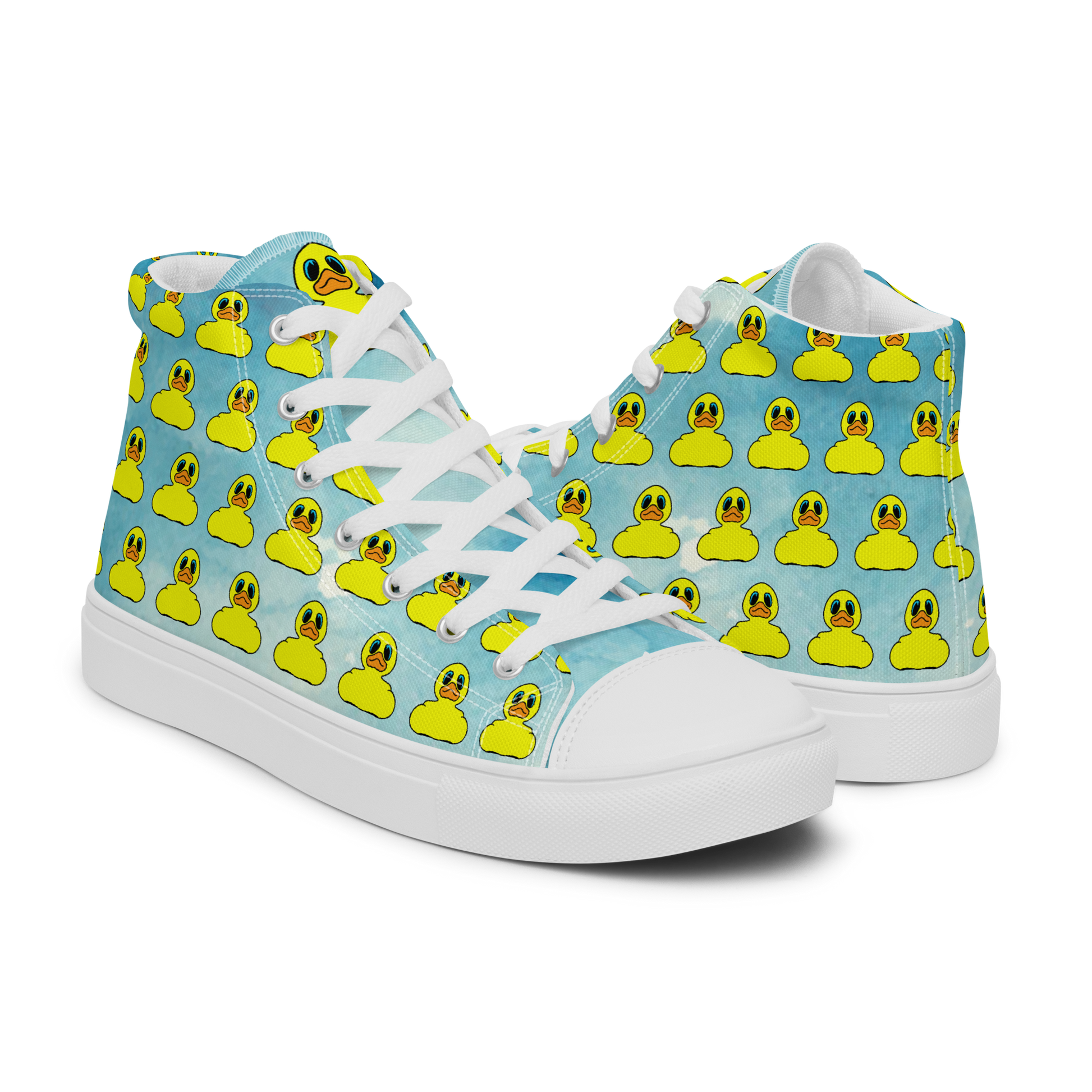 front and rear view of women's high top canvas shoes featuring classic BMORE DUCKS! yellow rubber duck logo patterned over clouds with white sole